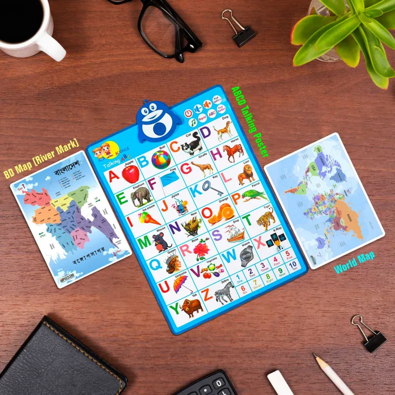3pcs Combo - BD, World Map & Alphabet ABC & 123s & Music Wall Poster, Early Child Development Kits